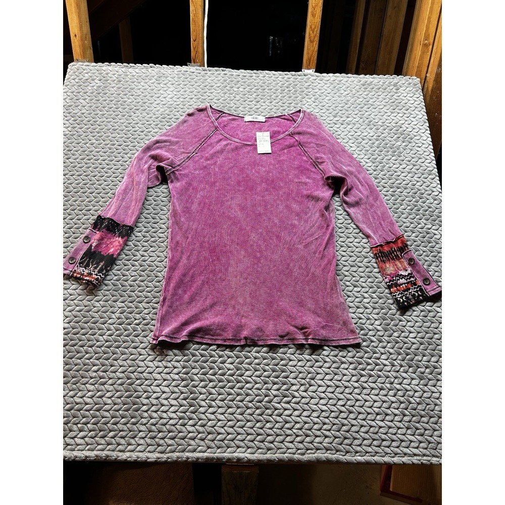 Able Womens 3XL Rhubarb Pink Thermal Top Boho Pattern Cuffs Made USA NWT